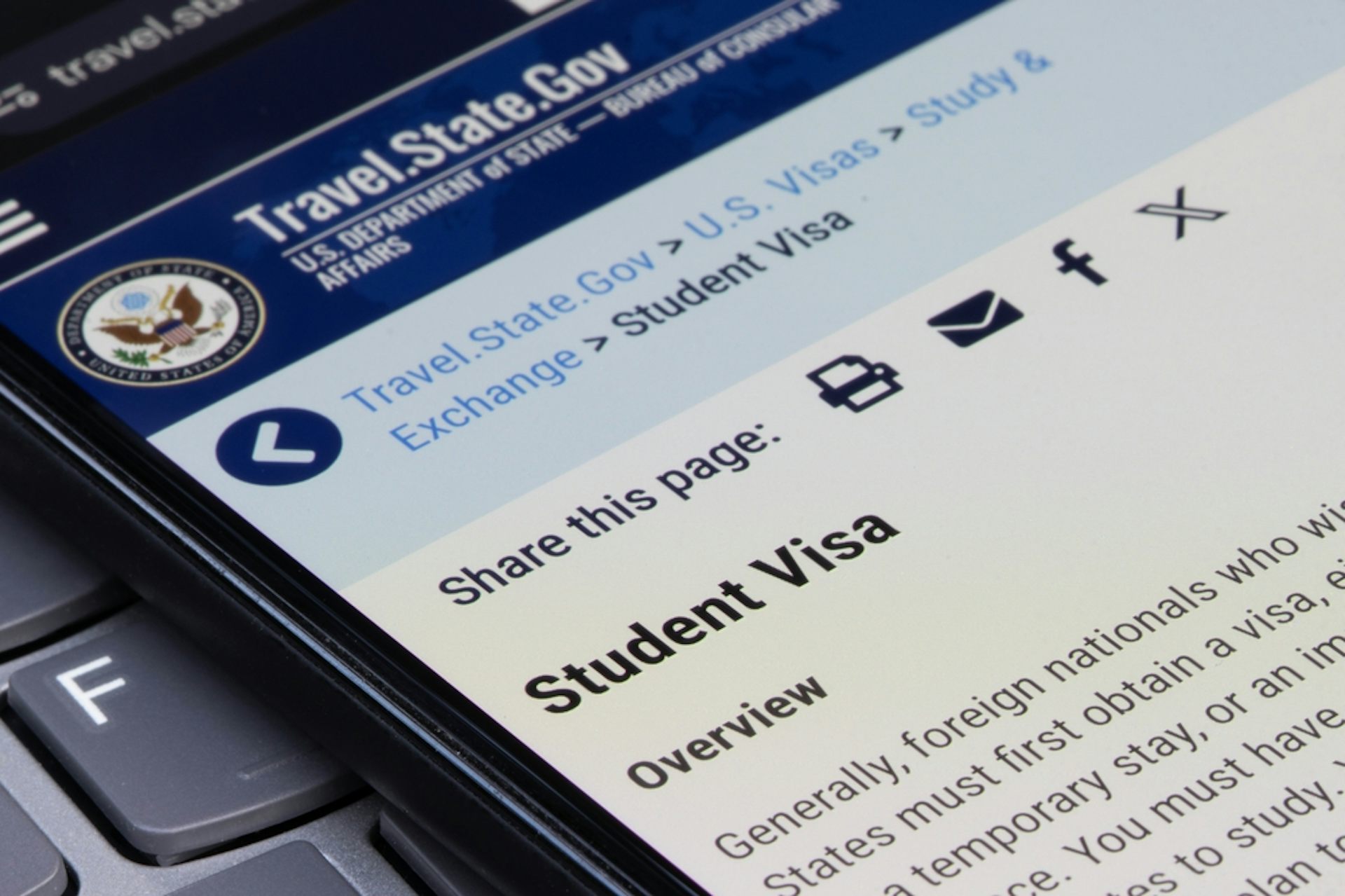 Page web du département d’État des États-Unis consacrée aux visas étudiants