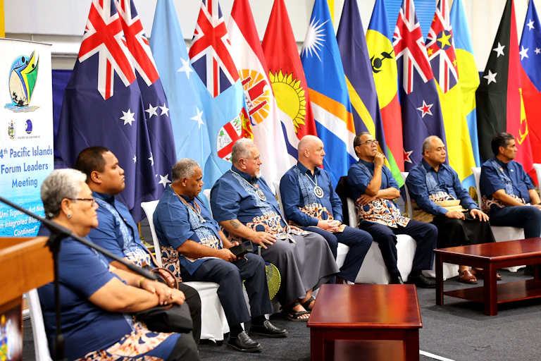 Leaders of Pacific Islands nations gather during the Pacific Islands Forum summit in Honiara, Solomon Islands