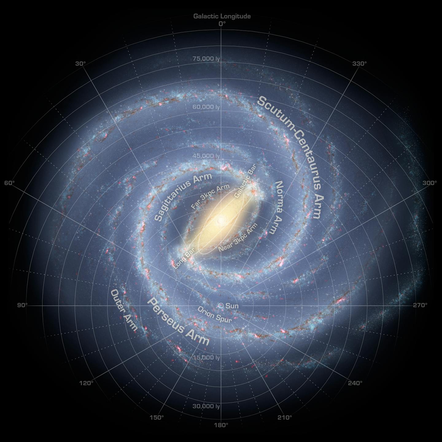 An illustration of a spiral-shaped galaxy.