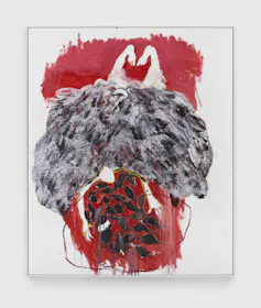 A large red, grey and white abstract painting with a great cloud in the middle.