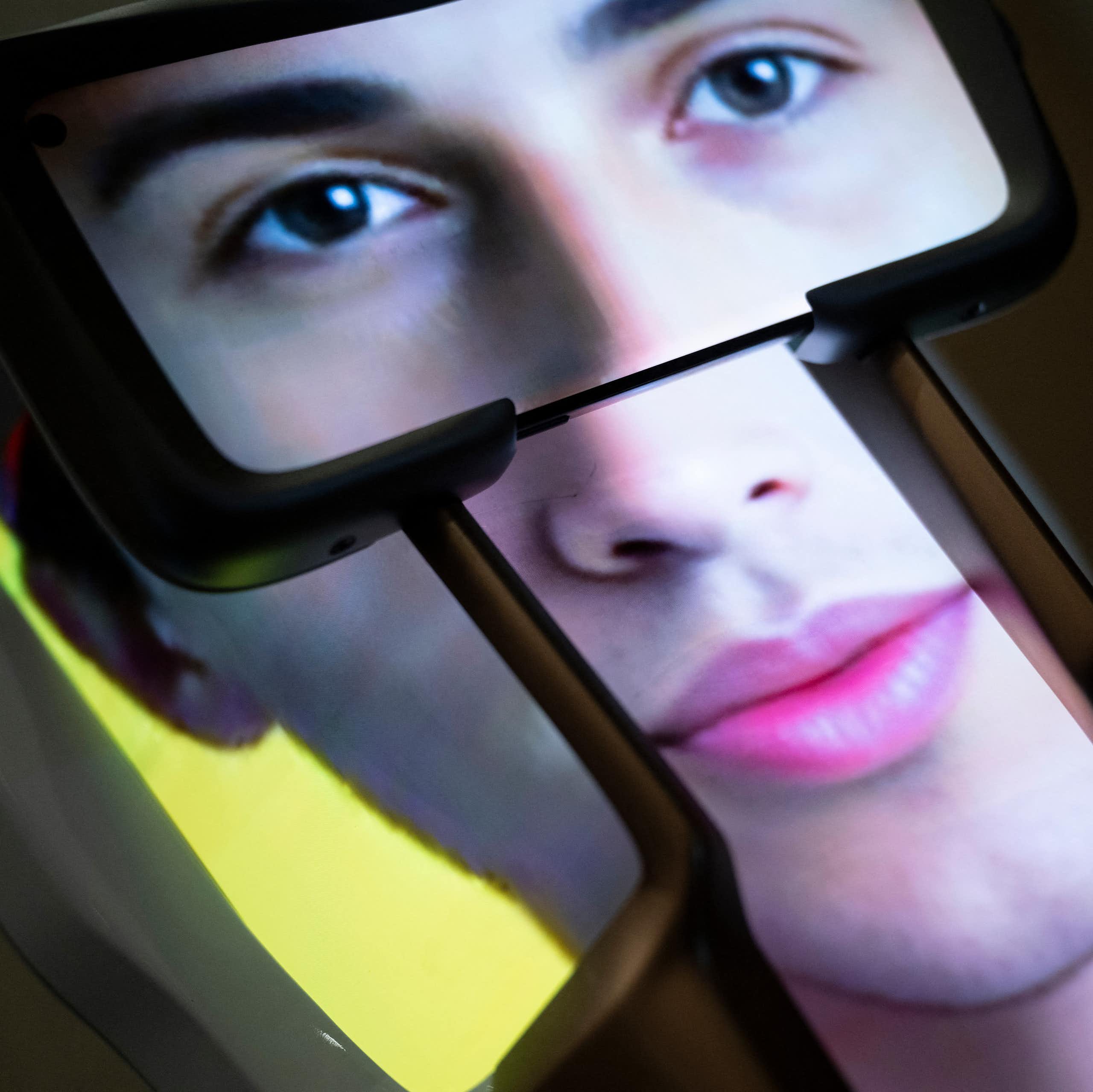 An image of what appears to be a human’s face is visible on the screens of what appears to be a three-dimensional device.