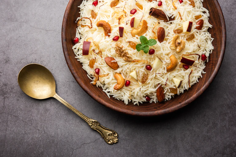 Basmati rice cooked with spices and flavored with Saffron and dry fruits