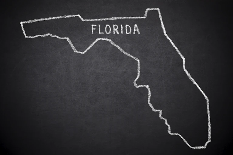 A sketch of Florida is seen on a black chalkboard.