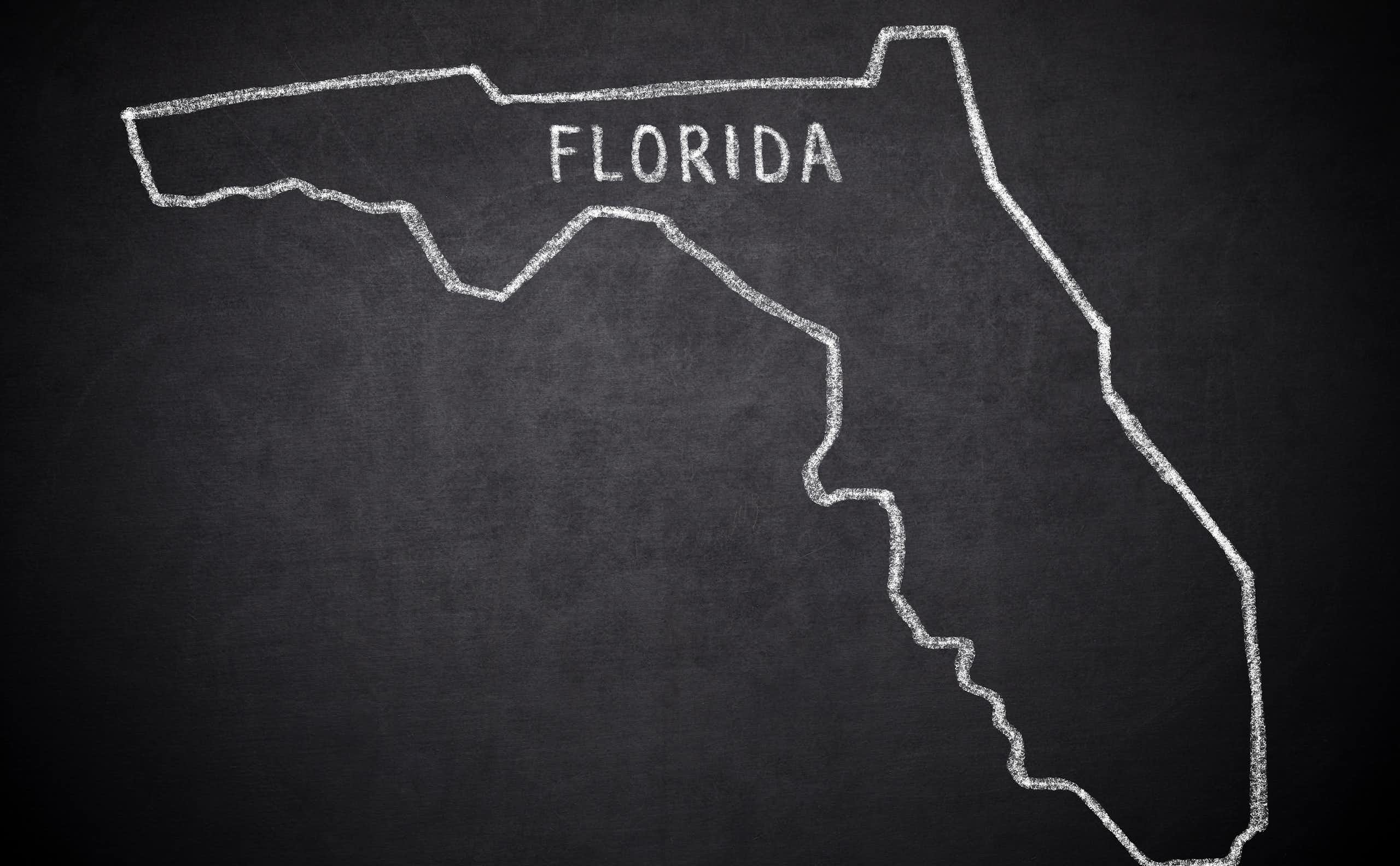 A sketch of Florida is seen on a black chalkboard.