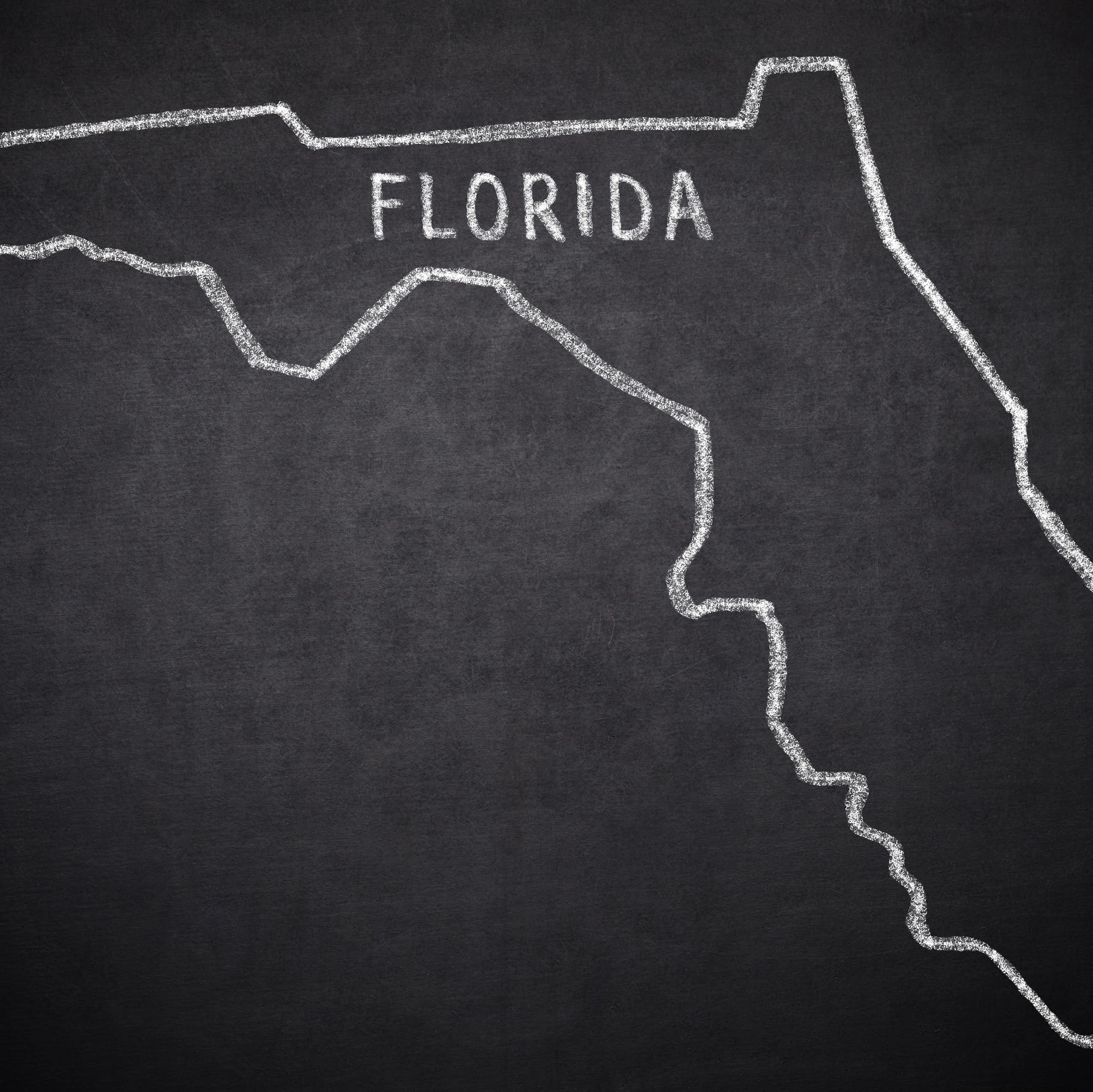 A sketch of Florida is seen on a black chalkboard.
