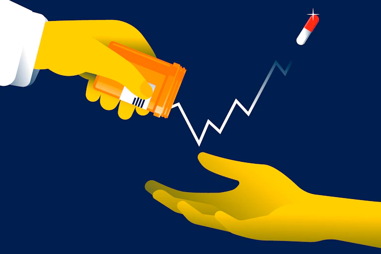 Illustration of hand tipping a pill bottle toward an extended hand below it...except the pill has zigzagged up and away