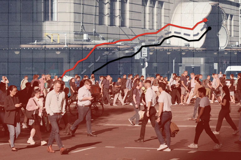 Sydney pedestrians with a line chart in the background