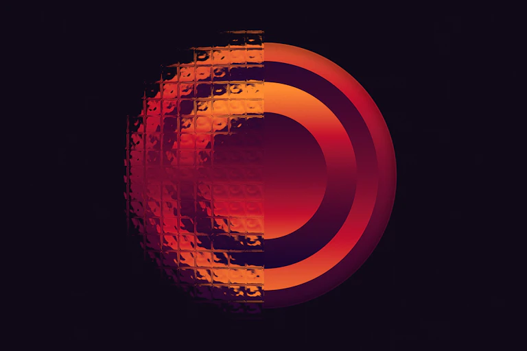 A red CG graphic circle reminiscent of HAL 9000.