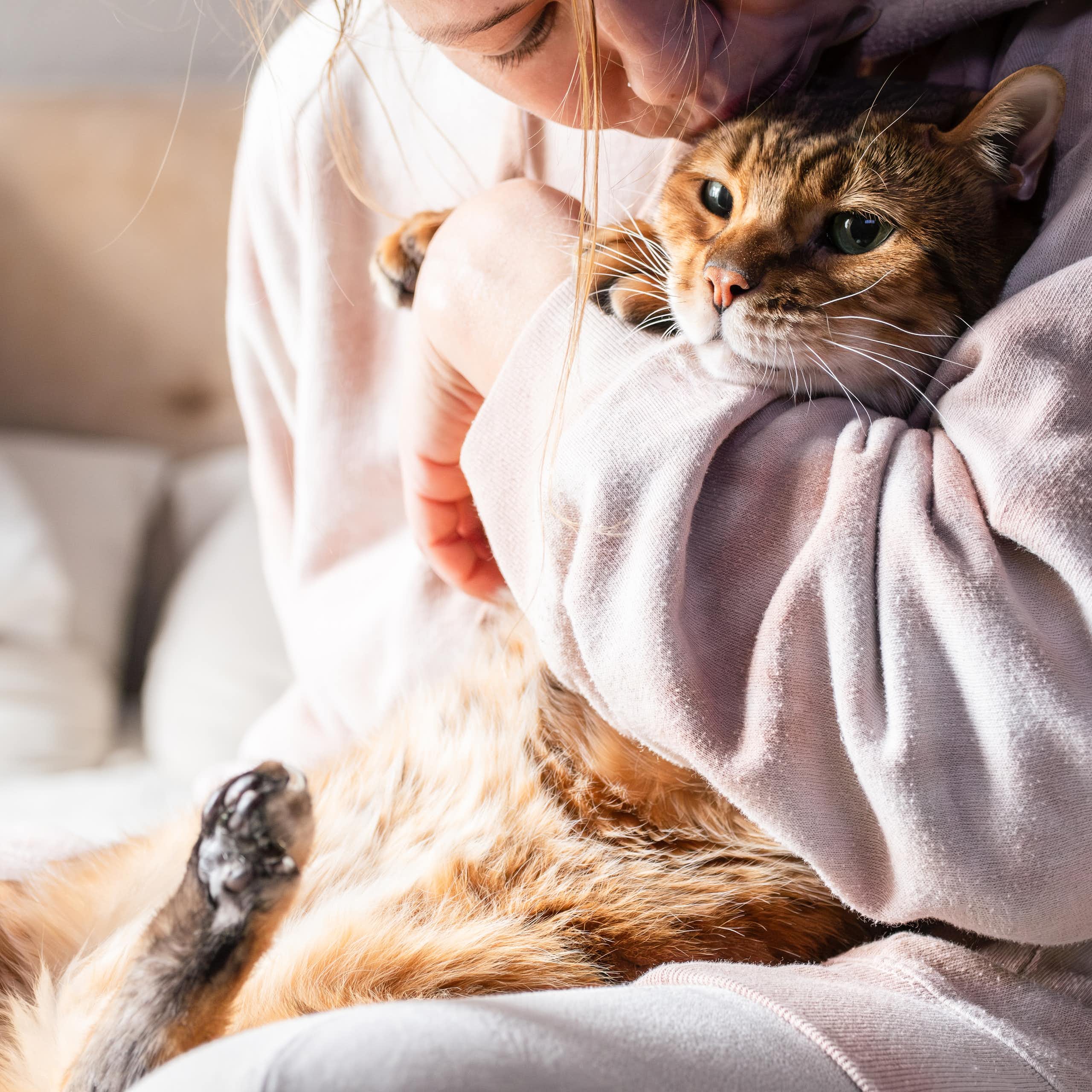 Une femme câlinant un chat.