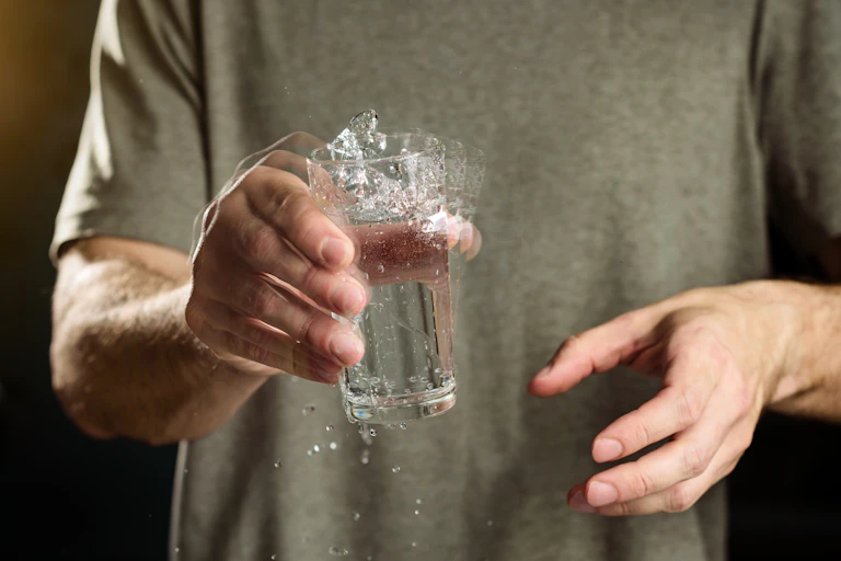 Un homme tient un verre rempli d’eau dans sa main, en tremblant.