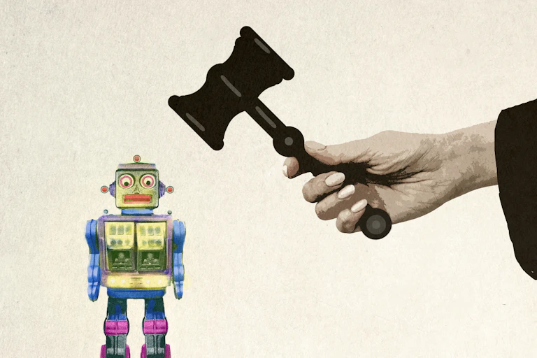 illustration of a hand holding a gavel poised above a toy robot