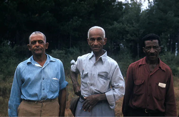 Three men standing shoulder to shoulder in long-sleeve shirts.