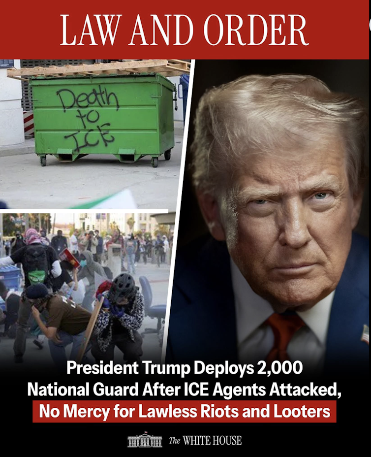 A Facebook post with the words 'Law and Order' at the top, a photo of President Trump and messages about ICE.
