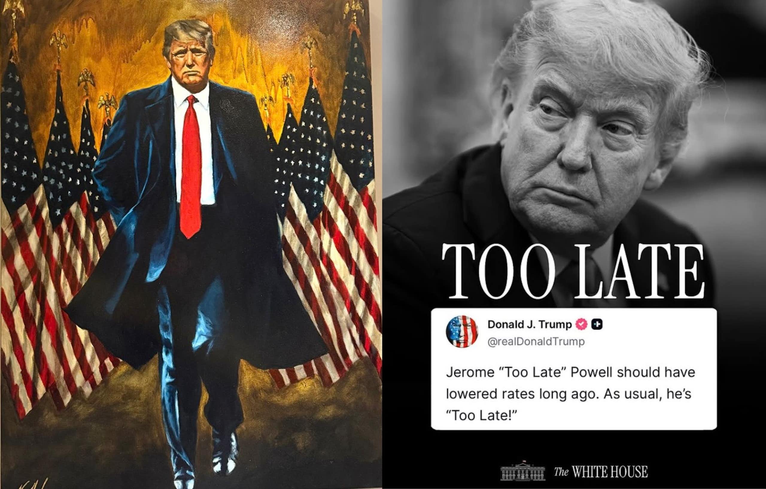 Two images of a man, side by side. One wearing red, white and blue in front of flags; the other in black and white with the words 'TOO LATE' superimposed.