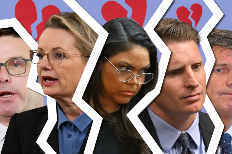 Sussan Ley, Angus Taylor, Jacinta Nampijinpa Price, Andrew Hastie and David Littleproud with cracks and broken hearts between them