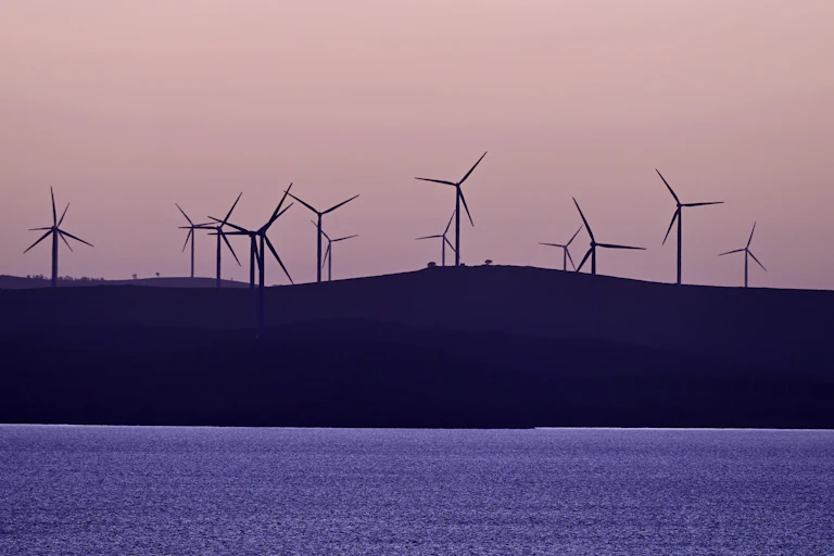 Wind farm near lake against pink sky