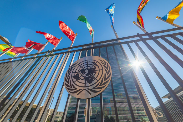 flags and the United Nations logo outside a UN building