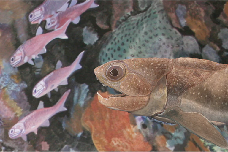 A brown fish with big jaws swimming in front of a colourful reef.