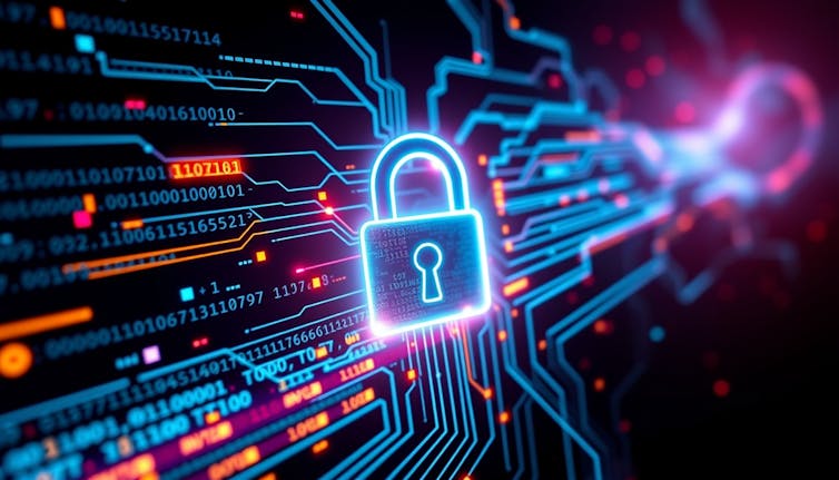 A glowing digital lock surrounded by streams of binary code.