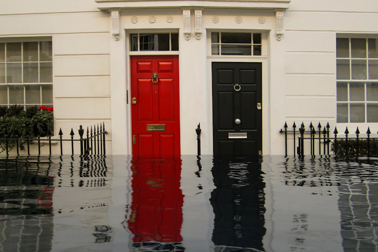 red and black front doors, exterior of homes with flooded street