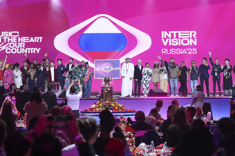 Artists gather on stage in Moscow for the draw for the 2025 Intervision cong contest.