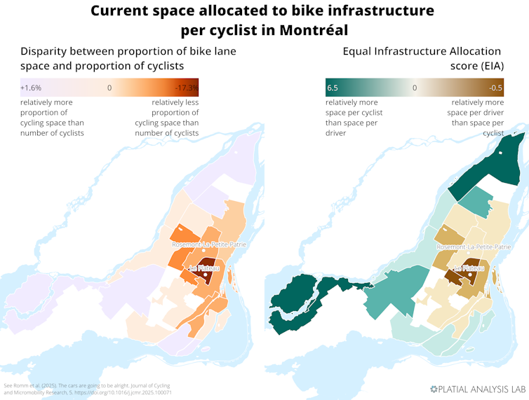 Mapas de indicadores de espacio de infraestructura en bicicletas por viajero en Montreal, por color.