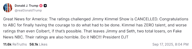 A social media post by Donald Trump saying 'Great News for America' that Jimmy Kimmel's show was 'cancelled,' which is not correct; it was suspended.