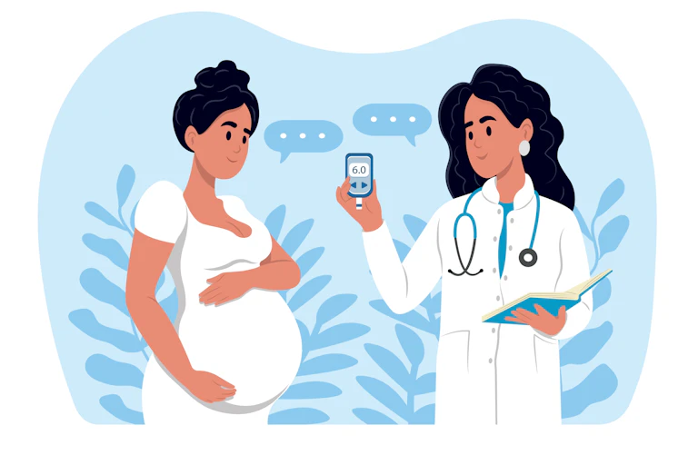 Drawing of a pregnant woman with a doctor showing her her blood sugar levels.