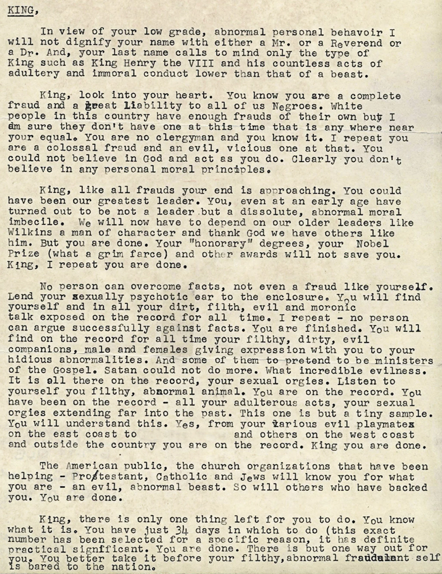 A letter to 'KING' urging him to commit suicide, calling him 'filthy, abnormal, fraudulent.'