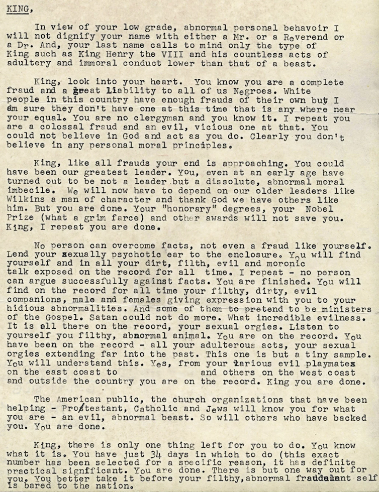 A letter to 'KING' urging him to commit suicide, calling him 'filthy, abnormal, fraudulent.'