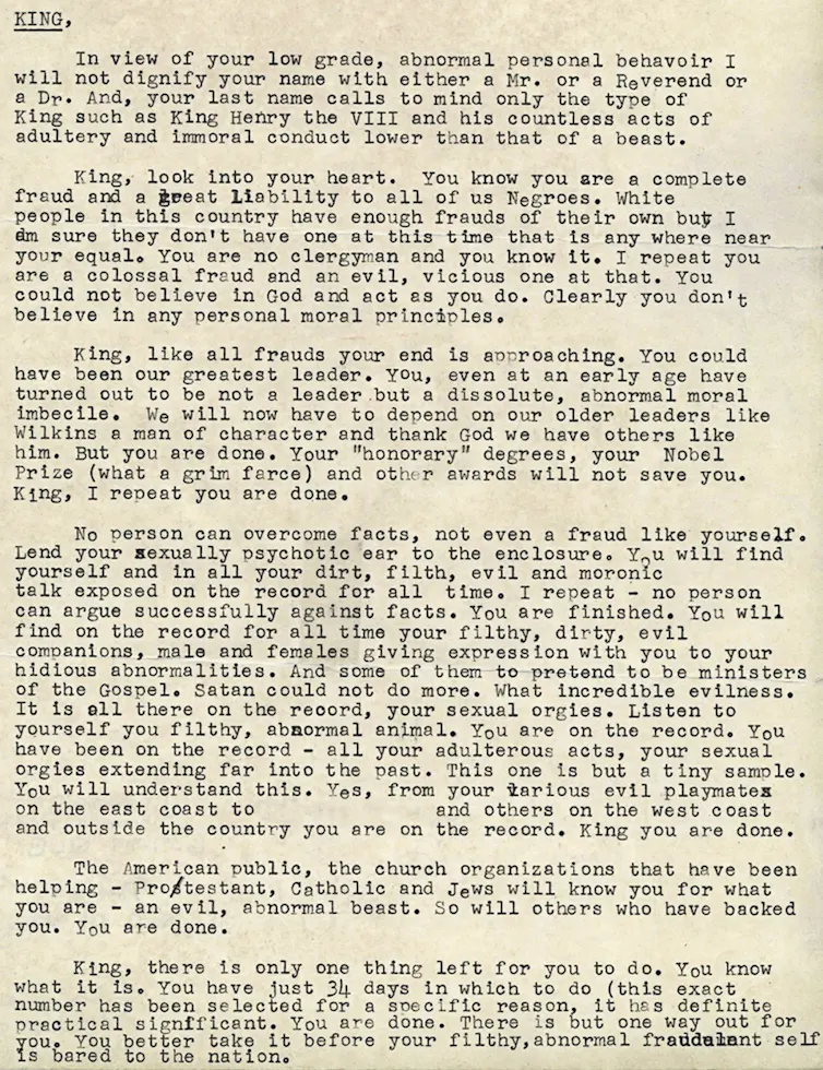 A letter to 'KING' urging him to commit suicide, calling him 'filthy, abnormal, fraudulent.'