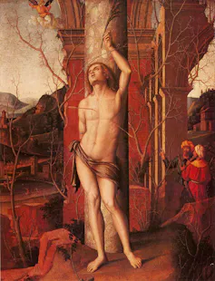 Painting of a man who has been shot with arrows.