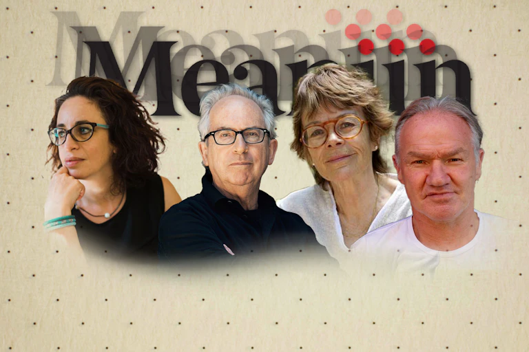 Composite image of Meanjin contributors superimposed over the journal's logo