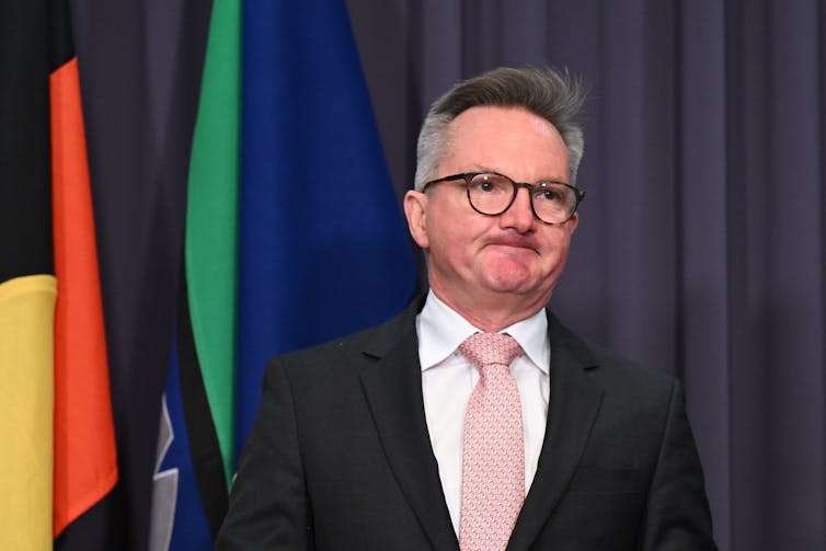 A man in a suit and pink tie stands in front of flags