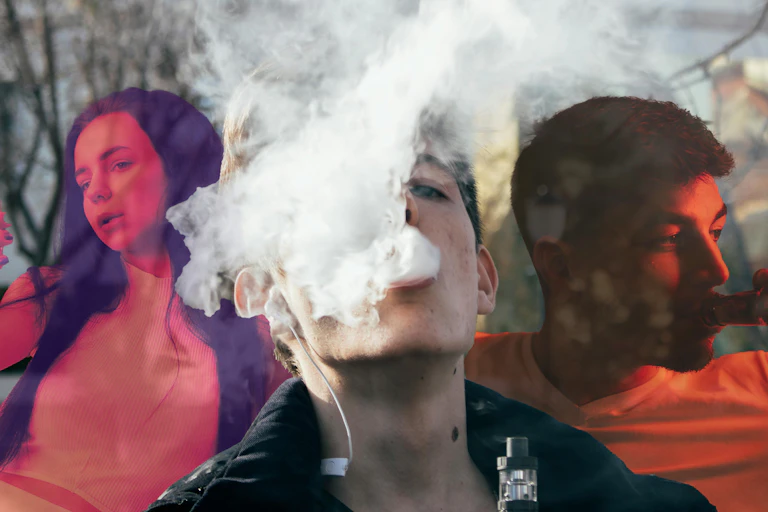 A man vaping, a woman taking a selfie on a phone and a young man drinking a beer from a bottle
