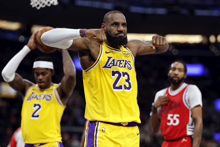 LeBron James celebrates during a game in 2025 against the Los Angeles Clippers.