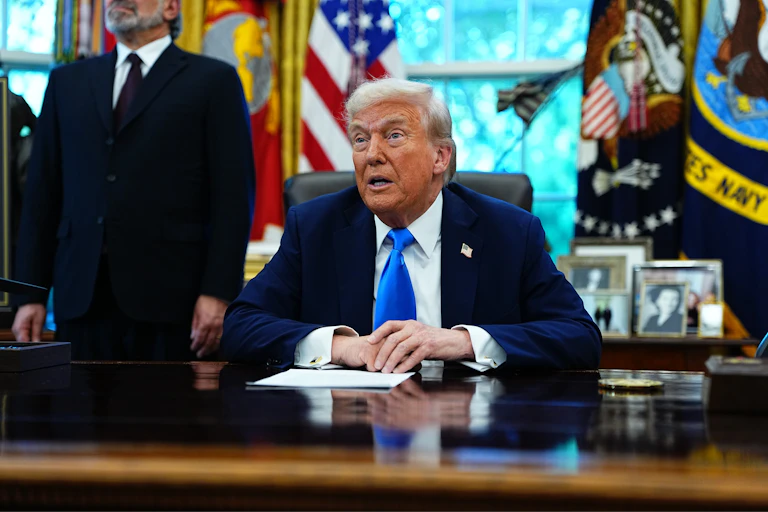The US presiodent, Donald Trump, speaks from the Resolute Desk in the Oval Office of the White House.