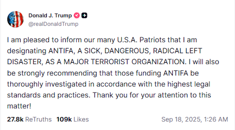 Trump TruthSocial post condemining antifa.