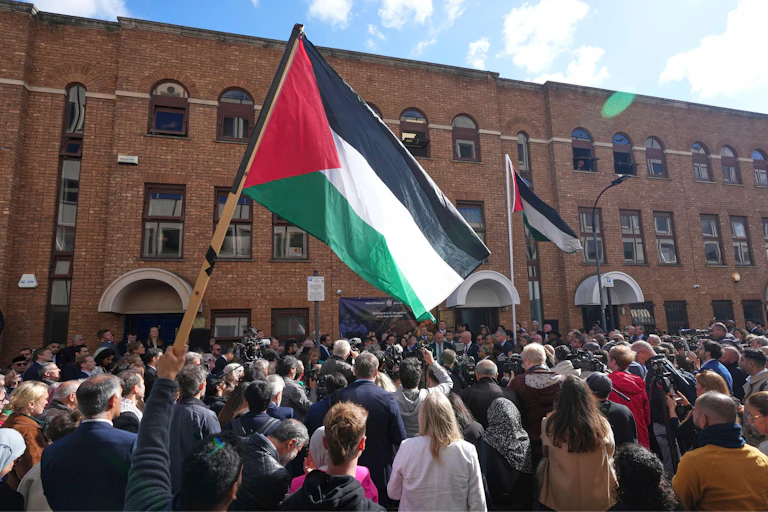 A crowd waving Palestinian flags.
