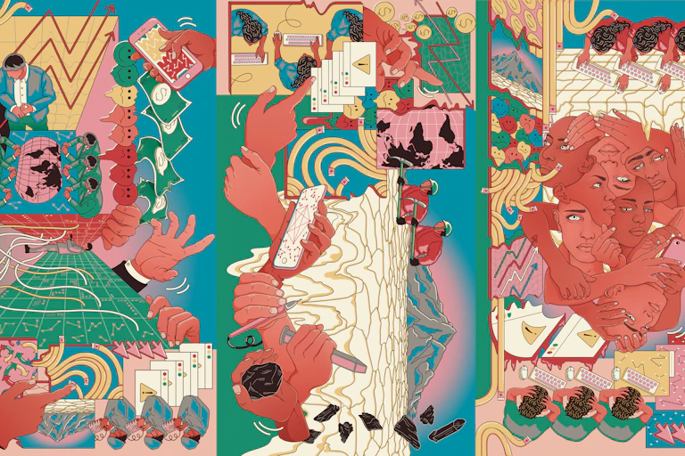 A brightly coloured mural which can be viewed in any direction. It has several scenes within it: people in front of computers seeming stressed, a number of faces overlaid over each other, squashed emojis, miners digging in front of a huge mountain representing mineral resources, a hand holding a lump of coal or carbon, hands manipulating stock charts and error messages, as well as some women performing tasks on computers, men in suits around a table, someone in a data centre, big hands controlling the scenes and holding a phone, people in a production line. Motifs such as network diagrams and melting emojis are placed throughout the busy vignettes.