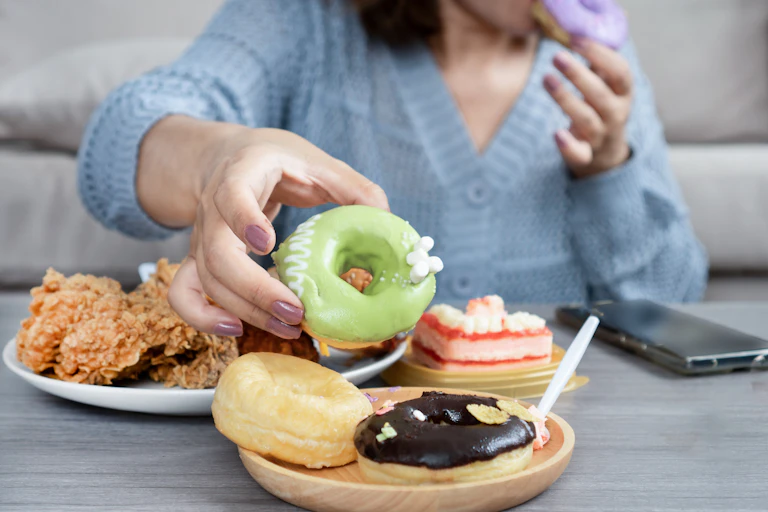 woman sitting at a table with colorful pastries and fried food.