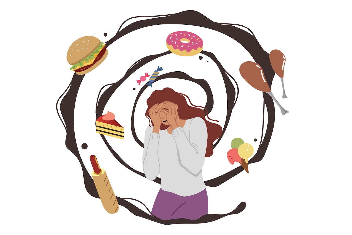 drawing of a woman in a spiral surrounded by processed foods