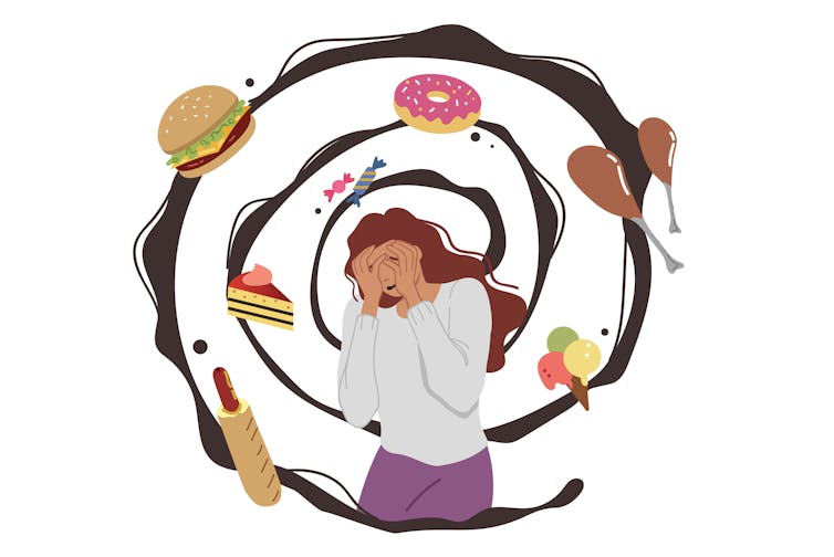 drawing of a woman in a spiral surrounded by processed foods