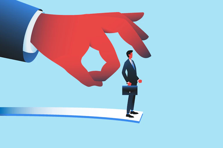 An illustration depicts a giant hand about to flick a tiny person in a business suit off a cantilever.