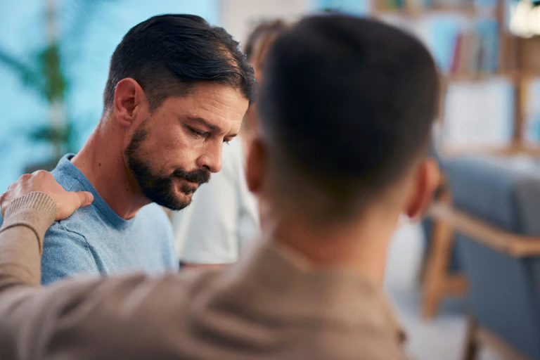 A man rests his hand on another man's shoulder