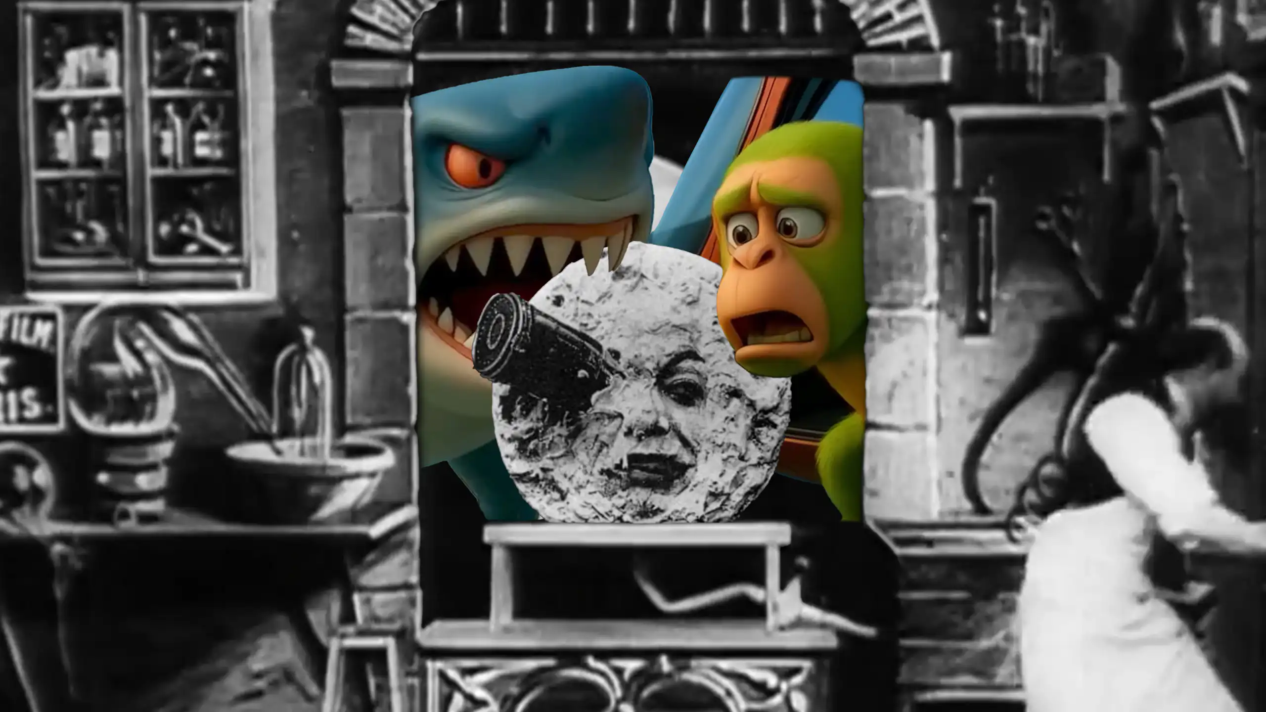 AI images superimposed over a still from a classic black-and-white movie
