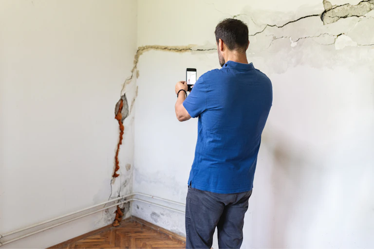 A man looks at a cracked wall in a house.