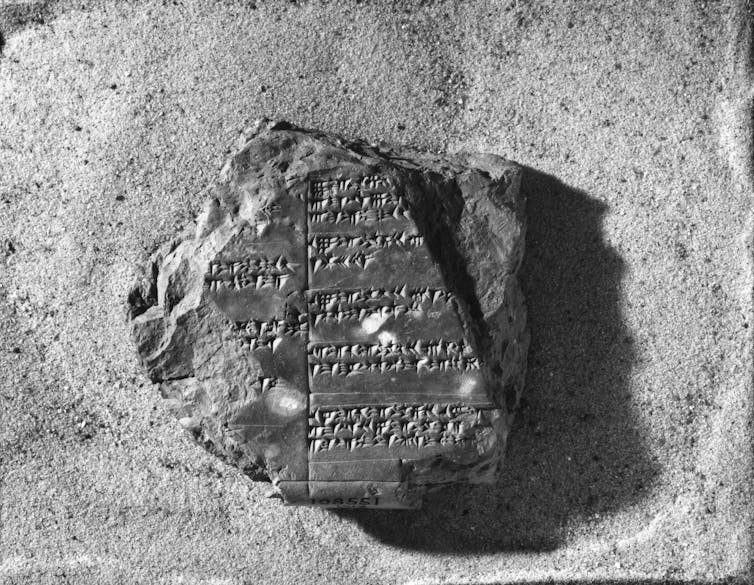 Hindi, Greek and English all come from a single ancient language – here’s how we know 4 Black and white photo of a tablet with cuneiform script.