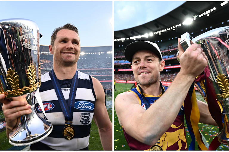 Geelong's Patrick Dangerfield and Brisbane's Lachie Neale celebrate with the AFL premiership trophies in 2022 and 2024 respectively.