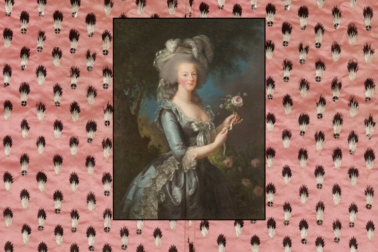 A fragment of a court gown belonging to Marie Antoinette and a portrait of the queen holding a rose.
